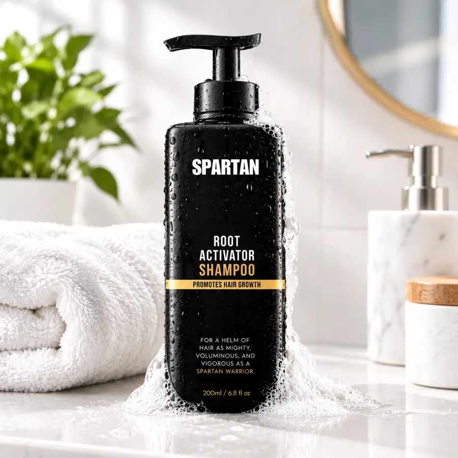 Spartan Root Activator Shampoo on a bathroom counter with fresh lather and a white towel