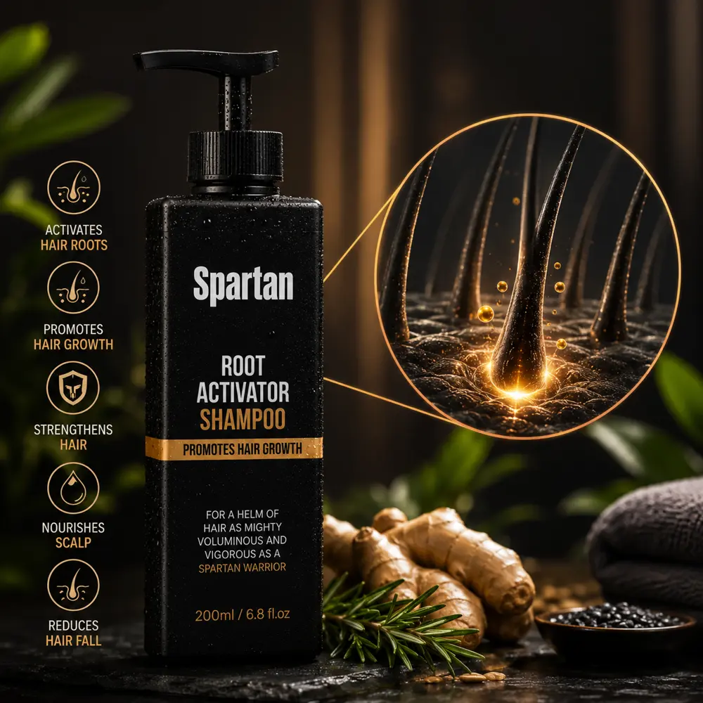 Spartan Root Activator Shampoo with ginger, rosemary and black seed, showing benefits: activates hair roots, promotes hair growth, strengthens hair, nourishes scalp, reduces hair fall