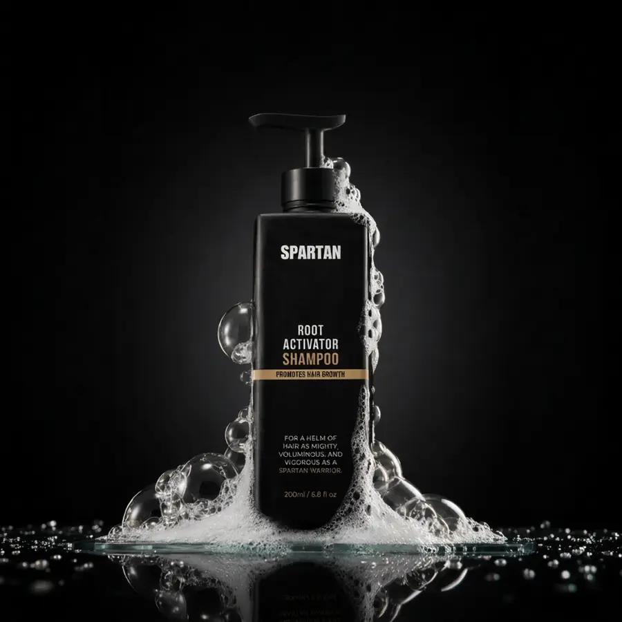 Spartan Root Activator Shampoo bottle surrounded by rich lather on a black background